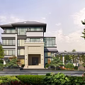 Modern Multi Story Detached Villa With Glass Windows And Surrounding Greenery Trees