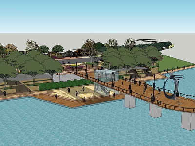 Scenic Waterfront Landscape Design Featuring Wooden Boardwalk Lush Trees Recreational Spaces And Pedestrian Walkways 3d model