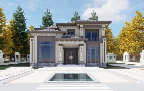 Two-story villa style Two-story villa Rural self-built building Architectural design Villa effect 3d model