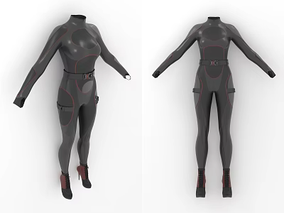 Black Tight Fitting Jumpsuit With Red Lines Belt Pockets And Red High Heels 3d model