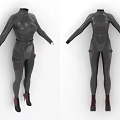 Black Tight Fitting Jumpsuit With Red Lines Belt Pockets And Red High Heels