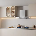Modern Kitchen With Appliances Range Hood Gas Stove White Cabinets And Lit Open Shelves