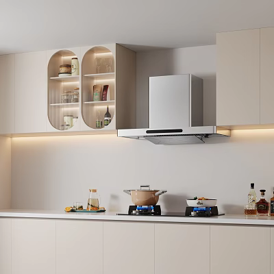 Modern Kitchen With Appliances Range Hood Gas Stove White Cabinets And Lit Open Shelves 3d model