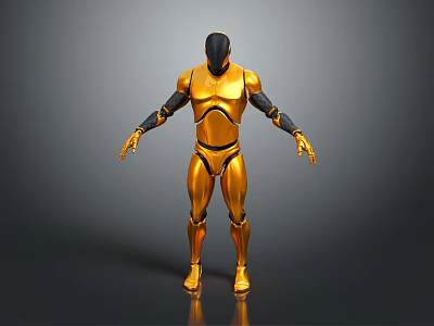 Golden Robot Character With Metallic Armor Black Head Standing Pose Shiny Surface 3D Rendering 3d model
