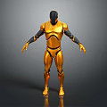 Golden Robot Character With Metallic Armor Black Head Standing Pose Shiny Surface 3D Rendering 3d model