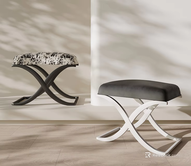 Modern Minimalist Stools With Crossed Black White Frames And Patterned Gray Upholstered Seats 3d model 