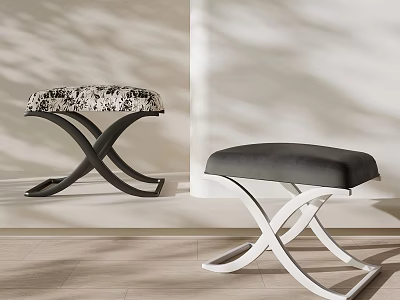 Modern Minimalist Stools With Crossed Black White Frames And Patterned Gray Upholstered Seats 3d model