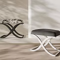 Modern Minimalist Stools With Crossed Black White Frames And Patterned Gray Upholstered Seats