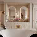 Elegant Bathroom Interior With Double Mirrors Vanity Marble Countertop And Freestanding Tub
