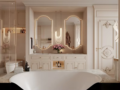 Elegant Bathroom Interior With Double Mirrors Vanity Marble Countertop And Freestanding Tub 3d model