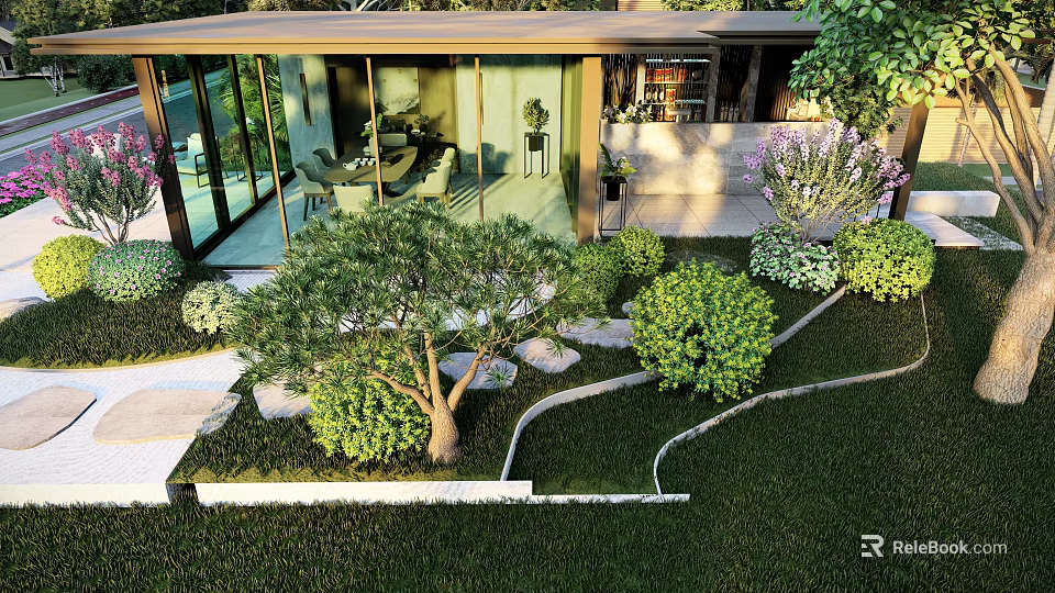 Modern Courtyard Garden Design With Glass Structure Trees Shrubs And Stone Path 3d model