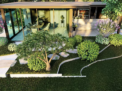 Modern Courtyard Garden Design With Glass Structure Trees Shrubs And Stone Path 3d model