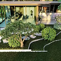 Modern Courtyard Garden Design With Glass Structure Trees Shrubs And Stone Path 3d model