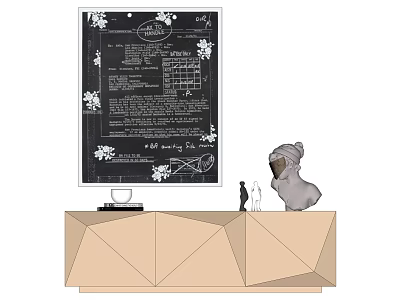 Black Chalkboard With Floral Patterns And Text On Light Colored Cabinet With Decor Items 3d model