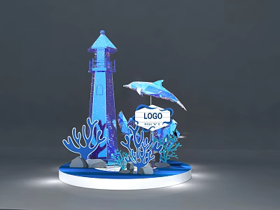 Blue 3D Decorative Model Featuring Lighthouse Dolphin Corals And Logo Sign With Your Text 3d model