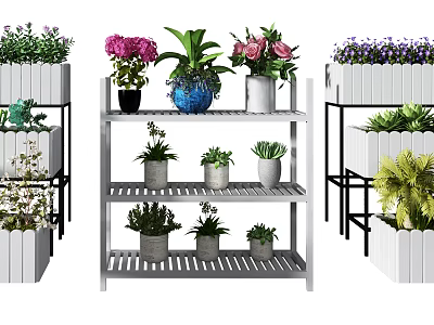 Garden Decor with White Multi Tiered Plant Stands Various Potted Plants and Colorful Flowers 3d model