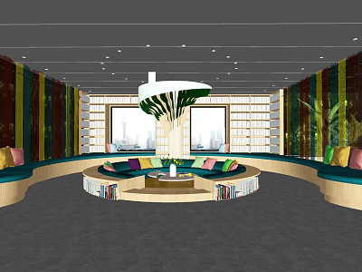 Bright Kindergarten Play Area With Circular Seating Colorful Cushions And Green Plants 3d model