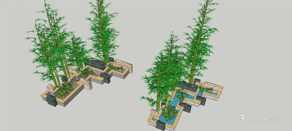 Tall Arbor Trees In Garden Layout With Water Feature And Stone Pathways 3d model 
