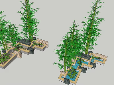 Tall Arbor Trees In Garden Layout With Water Feature And Stone Pathways 3d model