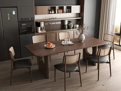 Modern Dining Room With Wooden Table Six Chairs Cabinets Coffee Machine Vase And Natural Light 3d model