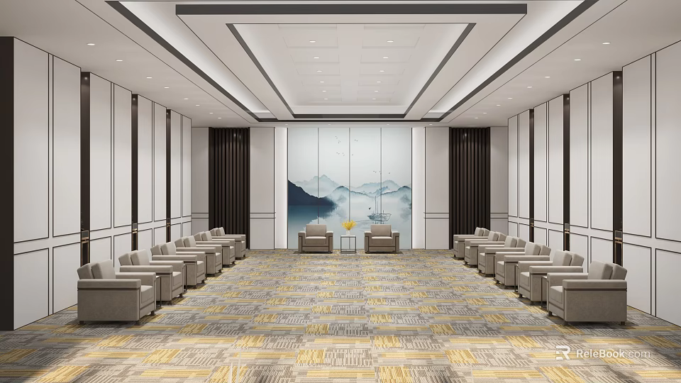 Spacious Modern Leisure Area With Gray Sofas Patterned Carpet And Landscape Wall Art 3d model