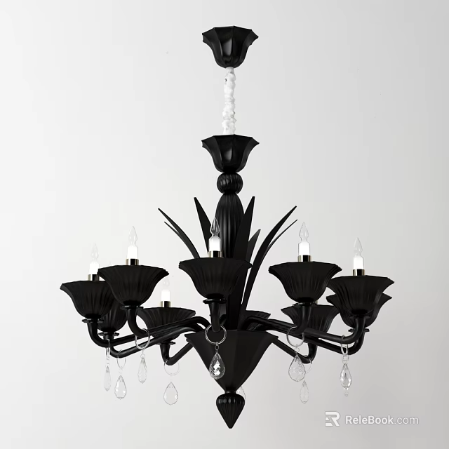 Black Vintage Chandelier With Crystal Pendants And Candle Shaped Arms 3d model 