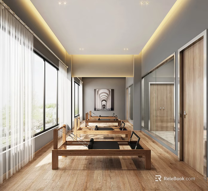 Modern Fitness Studio with Wooden Pilates Reformers and Natural Light Through Large Windows 3d model 