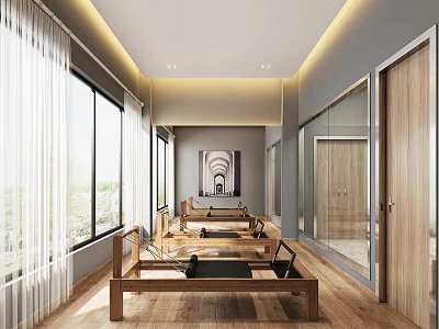 Modern Fitness Studio with Wooden Pilates Reformers and Natural Light Through Large Windows 3d model