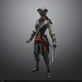 Historical Assassin Themed Man in Leather Armor with Red Sash Holding Dual Swords