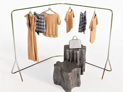Clothing Rack with Hanging Neutral Tones Plaid Shirts and Silver Handbag on Wooden Stump Bases 3d model