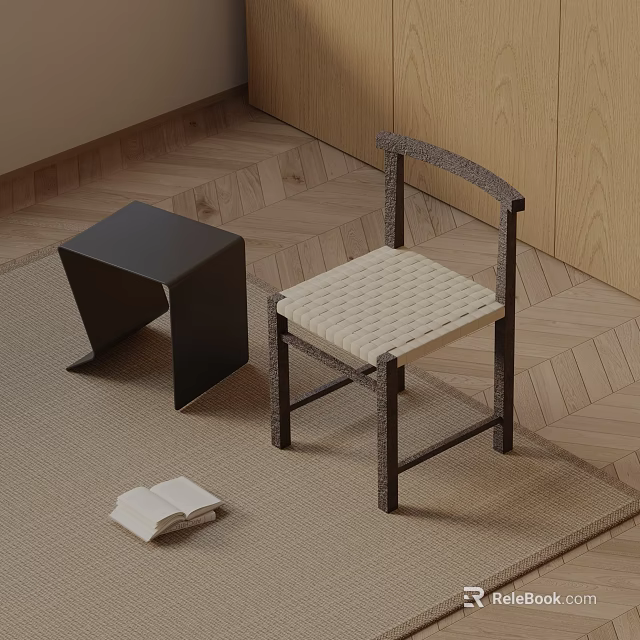 Modern Dining Chair With Woven Seat Dark Frame And Black Side Table On Herringbone Wooden Floor 3d model 