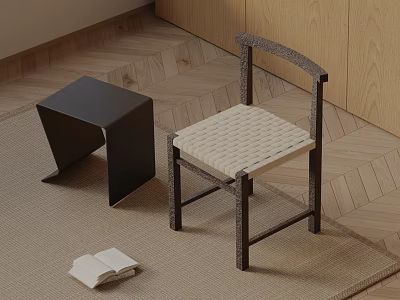 Modern Dining Chair With Woven Seat Dark Frame And Black Side Table On Herringbone Wooden Floor 3d model