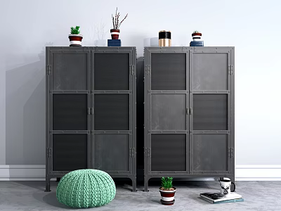 Dark Metal Cabinets With Decorative Items Green Knitted Pouf And Small Plants 3d model