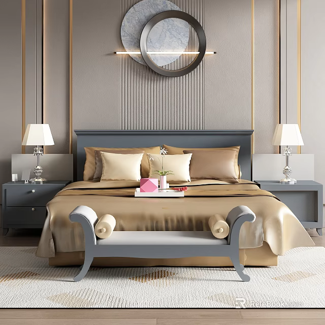 Double Bed in Background with Striped Wall Bedside Lamps Nightstands and Bench 3d model 