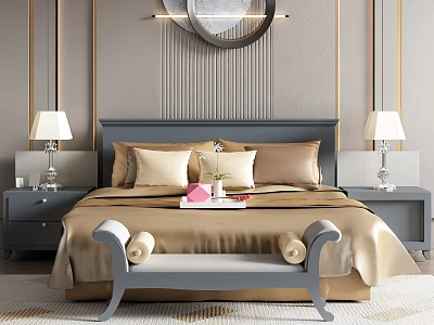 Double Bed in Background with Striped Wall Bedside Lamps Nightstands and Bench 3d model