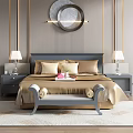 Double Bed in Background with Striped Wall Bedside Lamps Nightstands and Bench