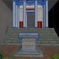 Ancient Architecture Entrance With Stone Steps White Columns Wooden Door And Garland Decorations