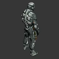 Detailed Futuristic Armored Character In Tech Suit Standing Against Orange Background