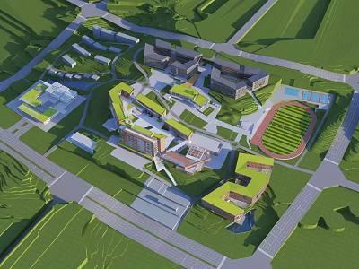 Aerial View of Modern School Buildings With Green Roofs Sports Field and Green Campus Spaces 3d model