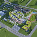 Aerial View of Modern School Buildings With Green Roofs Sports Field and Green Campus Spaces