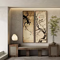 Vertical Plant Paintings On Wall With Bamboo Plant And Wooden Bench In Interior