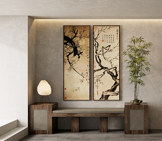 Chinese Plant Painting Art Hanging Painting Chinese Painting Plum Blossom Potted Table Lamp 3d model