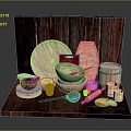 Natural Wooden Household Items With Plates Bowls Barrel Cups Rolling Pin And Bread Slices