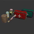 First Aid Supplies With Red Green Kits Cross Symbol Medicine Bottles Thermometer And Brown Pouch