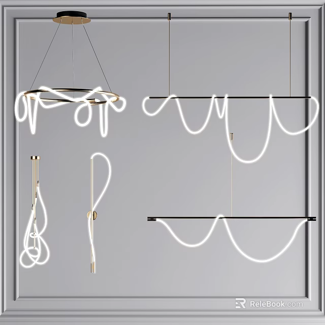 Modern Curved Line Chandeliers With Metallic Hanging Frames And Sleek Design 3d model 