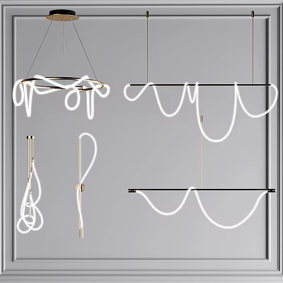 Modern Curved Line Chandeliers With Metallic Hanging Frames And Sleek Design 3d model