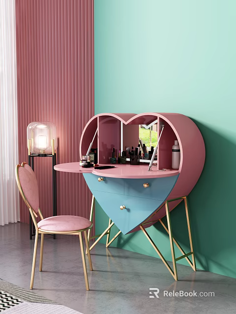 Heart Shaped Pink Blue Dressing Table With Gold Legs Pink Chair Cosmetics Green Walls 3d model 