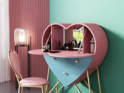 Heart Shaped Pink Blue Dressing Table With Gold Legs Pink Chair Cosmetics Green Walls 3d model