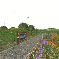 Scenic Countryside Garden Walkway With Colorful Flowers And Lush Green Trees Under Beautiful Golden Sunset
