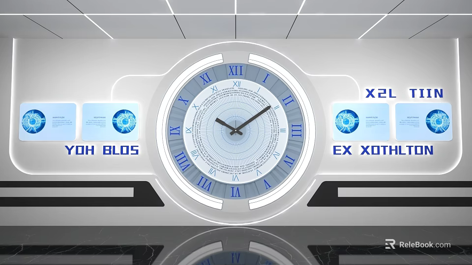 Modern Interior With Large Blue Clock Display Boards And Reflective Floor 3d model 